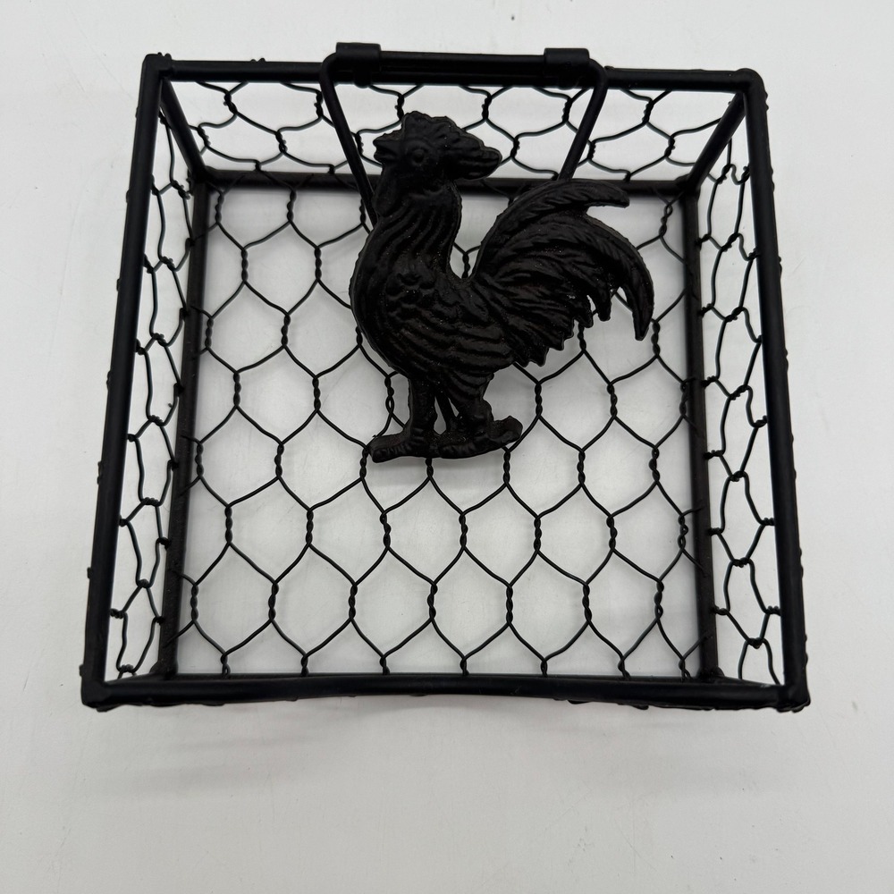 Black Metal Rooster Napkin Holder Chicken Wire Basket Farmhouse Kitchen Table